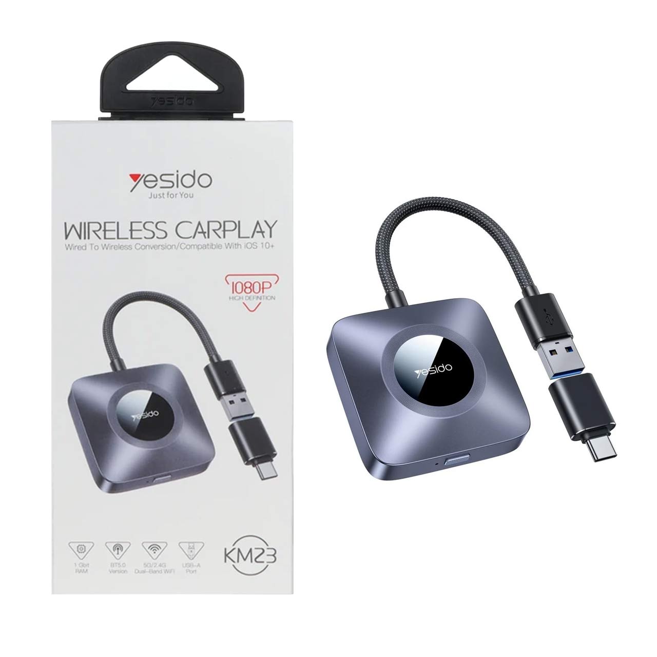 دانگل وایرلس خودرو Yesido مدل KM23 CARPLAY - مشکی (گارانتی 18 ماه تعویض نیکان همراه)